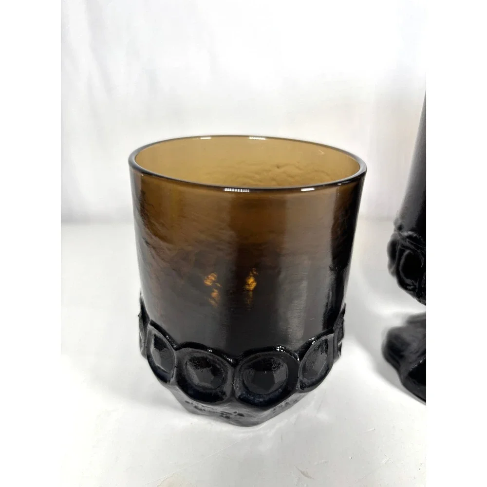 Vintage Indiana Glass Kings Crown Amber Goblets Tumblers Set Mid Century 4 Pc